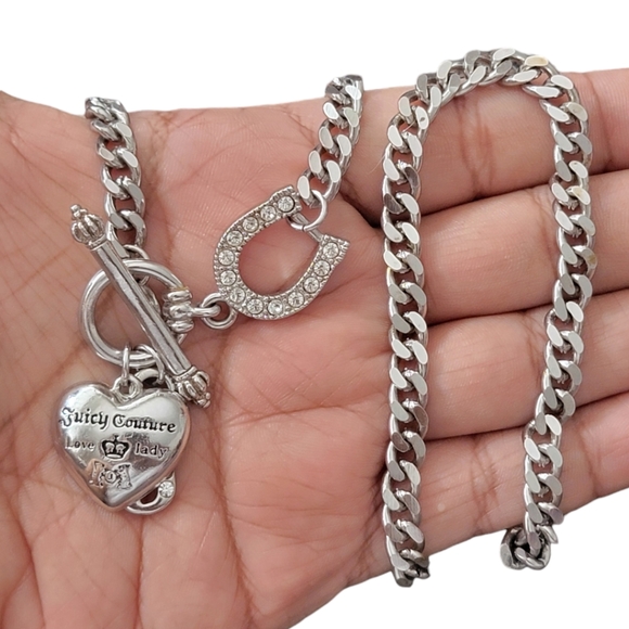 Vtg Silver Juicy Couture Toggle Necklace Silver Tone Puffy Heart Chunky Link - Picture 9 of 10